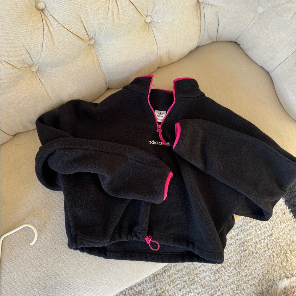 Adidas Polar Fleece Black Pink Cropped Crop Jacket Pullover